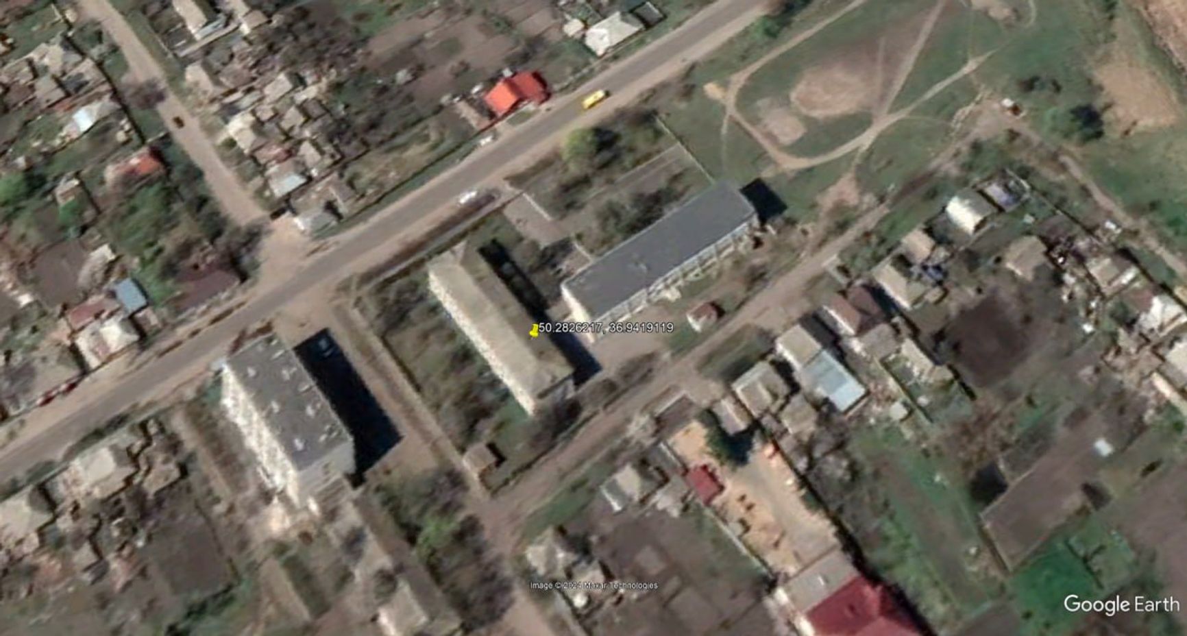 Google Earth screenshot provided by Sistema demonstrating the coordinates of the building in the video